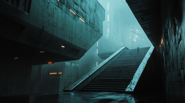Futuristic, dark architectural scene with wet surfaces, glowing neon lights, and ascending stairs into foggy depths