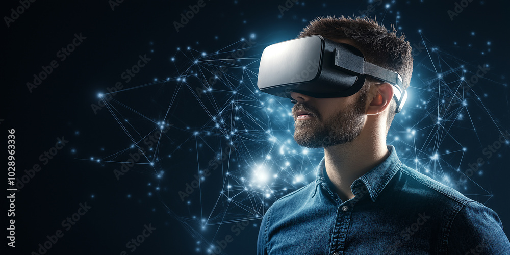 Poster businessman exploring virtual reality using vr headset