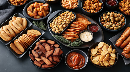 Assortment of fried and baked snacks with various dips on a dark background, featuring chips, crackers, and breadsticks arranged in bowls and plates.