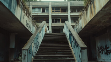 Fototapeta premium Exterior of an old, derelict building with graffiti on walls and overgrown plants