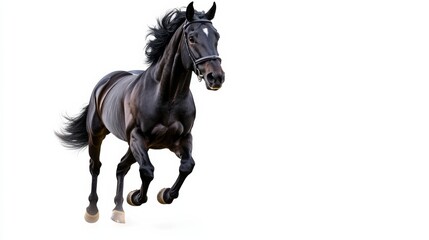 A black horse is running on a white background. The horse is the main focus of the image, and it is in motion, possibly galloping or running