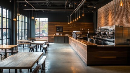 Fototapeta premium Modern coffee shop interior with exposed brick wall, wood paneling, and large windows.
