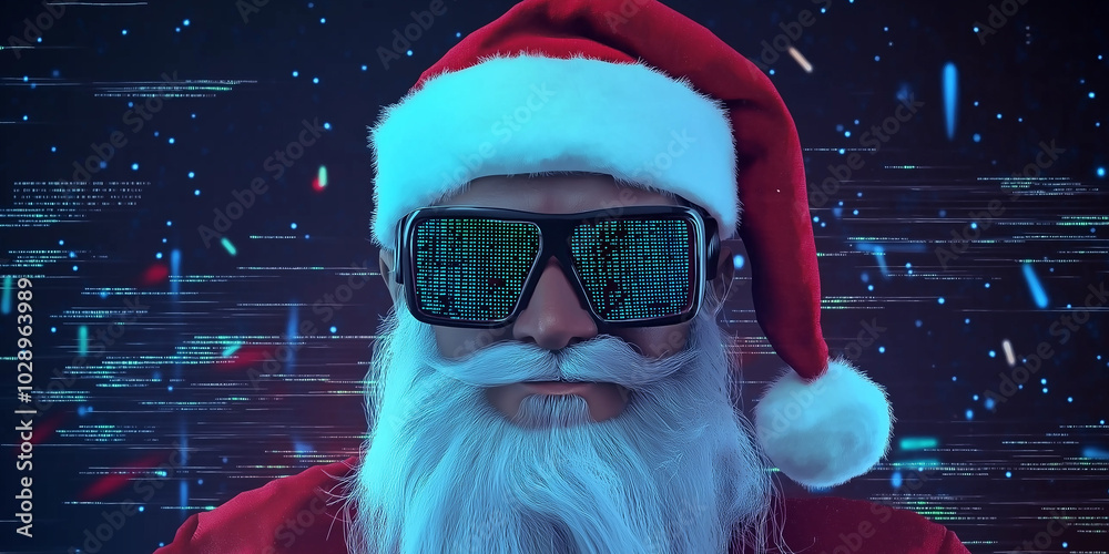 Poster santa claus is wearing futuristic glasses with a data stream on background