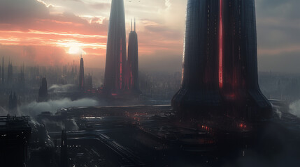 Futuristic megacity at sunset with misty streets and towering skyscrapers glowing with red light. Sci-fi metropolis with a cyberpunk vibe