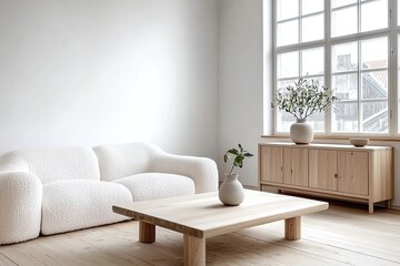 Fototapeta premium Minimalist, modern Scandinavian interiors in the living room with windows and sofas and wood cabinets. Generative AI 