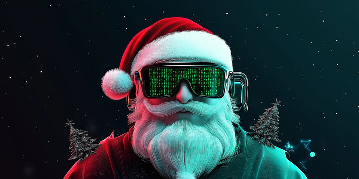 Cyberpunk santa claus wearing digital glasses is watching you