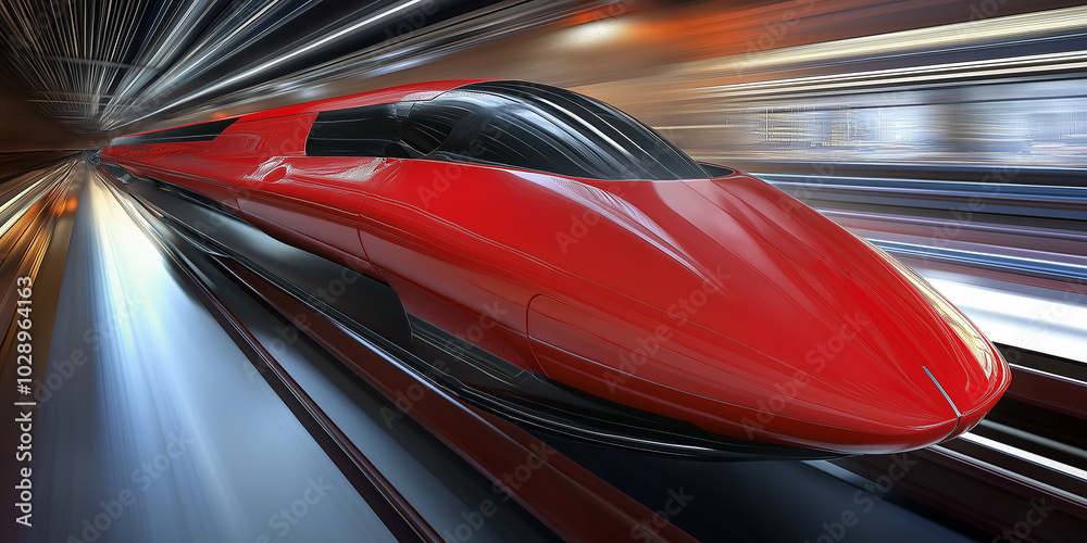 Poster red modern high speed train moving fast through a tunnel