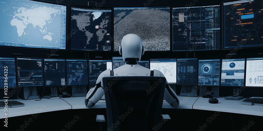 Leinwandbilder Ai robot analyst working at data center monitoring global network security