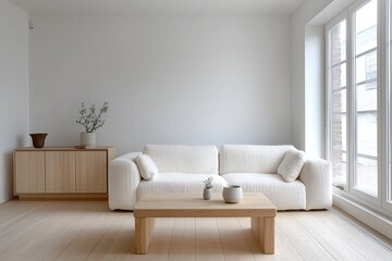Minimalist, modern Scandinavian interiors in the living room with windows and sofas and wood cabinets. Generative AI

