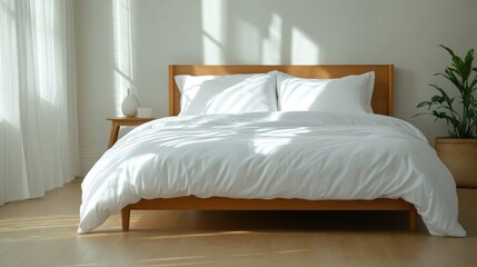 Modern Bed with Crisp White Sheets in Soft Lighting