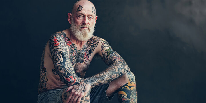 Serious bearded senior man with full body tattoos posing in studio