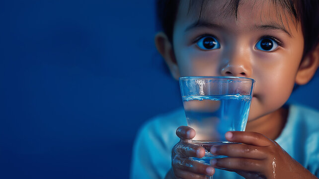 World Water Day, a child holding a glass of water on a blue background