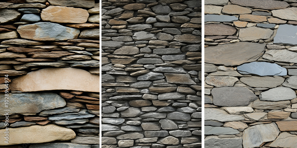 Poster Collage of three different styles of stone wall cladding showing various shapes, sizes and colors of stone