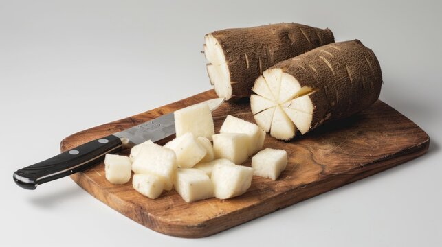 Chopped Cassava Root on a Wooden Cutting Board