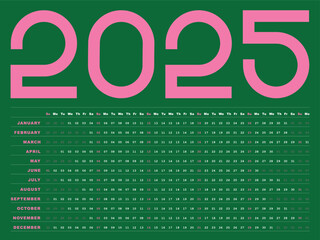 2025 Calendar horizontal green and pink planner