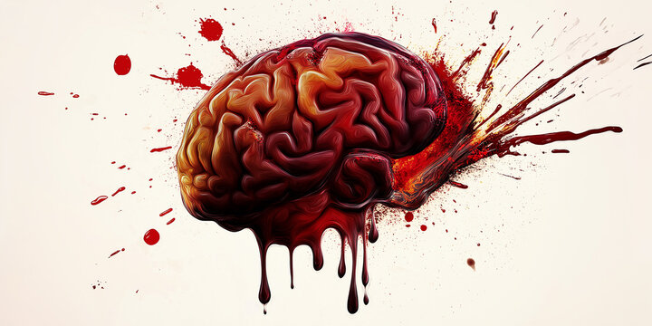 Human brain exploding with blood dripping down