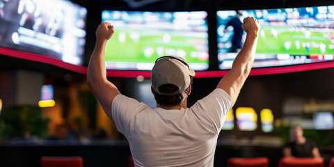 Sports fan celebrating while watching football game on tv in bar