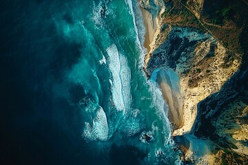 Spectacular Drone Photo of Ocean Waves Crashing Against Rocky Cliff at Sunset