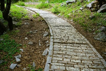 Stony hiking trail surrounded by nature, leading to the famous Vikos Gorge in Eprius in Greece 