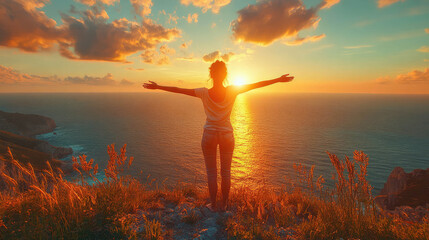 Fototapeta premium A woman gazing at a stunning sunset over the ocean, capturing the beauty of nature and peaceful reflection. Silhouette in a tranquil scene of vibrant skies and calming waters