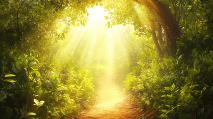 Obraz premium Sunbeams illuminate a path through lush green foliage in a magical forest.