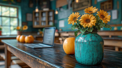Laptop on a desk in a cozy classroom with a chalkboard, representing online education, digital learning, and the blend of traditional and modern learning environments