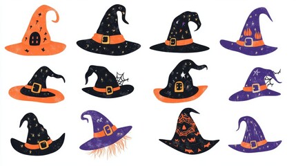 Obraz premium vector set of cute cartoon Halloween witch hats on a white background, perfect for greeting cards, scrapbooking, and vector graphics, featuring vibrant purple, orange, and black color palettes