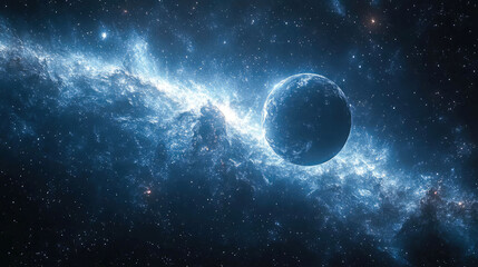 Obraz premium A solitary planet floats in the vastness of space with a glowing galaxy behind it. This stunning cosmic artwork captures the quiet solitude of the universe