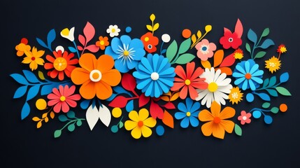 A colorful bouquet of flowers is displayed on a black background. The flowers are arranged in a way that creates a sense of movement and energy
