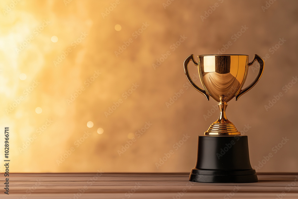 Wall mural shiny golden trophy on a wooden table glowing against a warm background