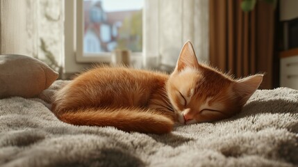 Obraz na płótnie Canvas Cozy autumn afternoon with a sleeping kitten by the window