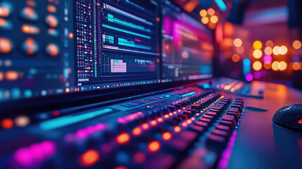 A control panel filled with knobs and buttons under neon lights, creating a vibrant atmosphere of a night club or studio. Represents sound and recording control