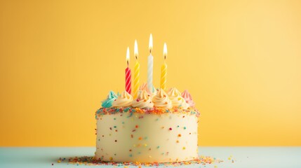 Colorful birthday cake with lit candles against yellow background