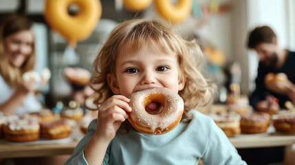 Child eating glazed doughnut at a celebration with family in the background, surrounded by more doughnuts and balloons.