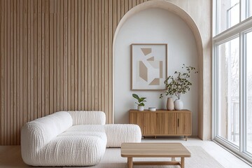 Minimalist, modern Scandinavian interiors in living rooms with sofas and wood cabinets. Generative AI
