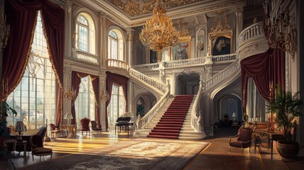 Fototapeta premium Opulent mansion interior with grand staircase and chandelier, elegant furnishings.