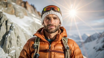 Obraz premium Mountain climber with gear in snowy landscape adventure