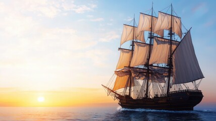 Obraz premium Vintage sailing ship at sunset with full sails against a colorful sky.