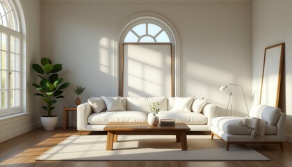 Fototapeta premium Cozy Living Room with White Sofa, Grunge Coffee Table, and Arched Window, Minimalist Art Deco Vibe