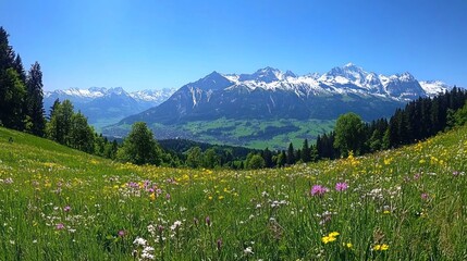 A panoramic view of a lush green meadow with wildflowers in the foreground, a forest in the middle ground, and snow-capped mountains in the background.