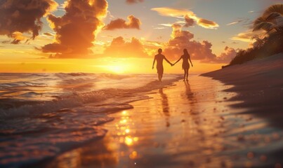Fototapeta premium Couple holding hands on a sunset beach, 4K hyperrealistic photo