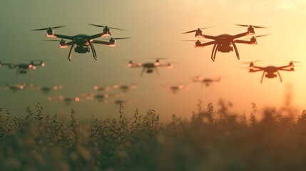 Swarm of drones flying over agricultural fields, scanning crops autonomously to assess growth and health