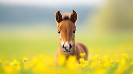 A small brown horse is standing in a field of yellow flowers. The horse is looking directly at the camera, creating a sense of curiosity and wonder. The bright yellow flowers
