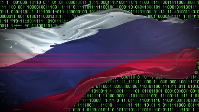 Binary code on flag of Russia. Program source code or Hacker concept on Russian flag. Russia digital technology security, hacking or programming
