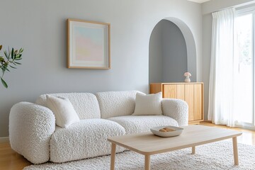 Minimalist, contemporary Scandinavian interiors in the living room with art frames hanging on the wall and sofas and wood cabinets. Generative AI

