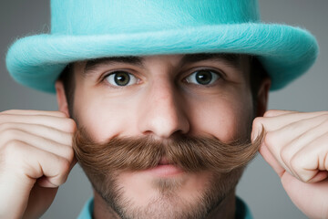 Young man in a turquoise hat playfully showcasing his impressive handlebar mustache