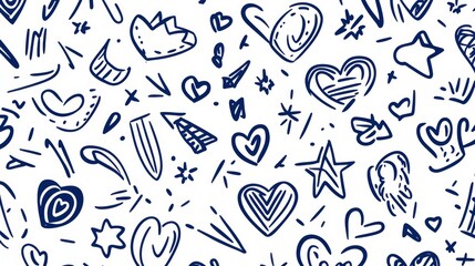 A blue and white background with many different shapes and sizes of hearts and stars. The image is a collage of various shapes and sizes of hearts and stars