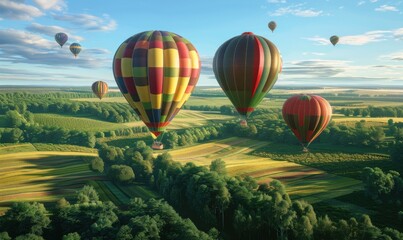 Obraz premium Colorful hot air balloons floating over a patchwork of fields and forests, 4K hyperrealistic photo