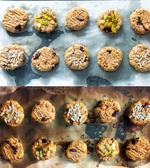 Homemade crispy oatmeal cookies with pumpkin and sunflower seeds on parchment paper. A healthy snack, perfect for a morning energy boost.