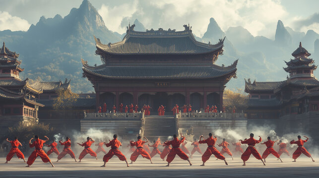 Shaolin Wushu Festival with a line of young Shaolin monks showing acrobatic kung fu moves, in front of the magnificent Shaolin temple, Ai generated images